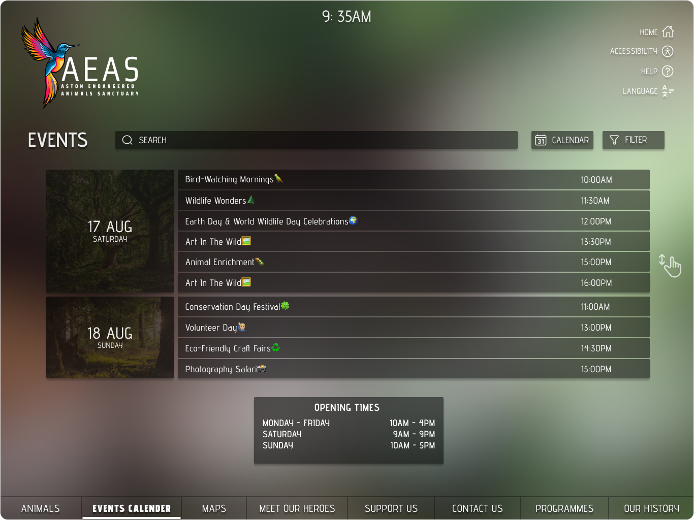 Events list screen showing programme titles, times, and filters
